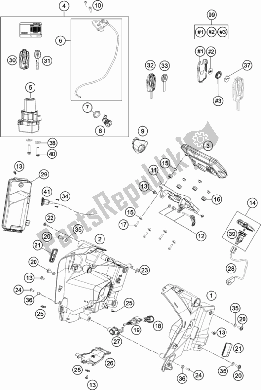 All parts for the Instruments / Lock System of the KTM 1290 Super Adventure S,orange EU 2020