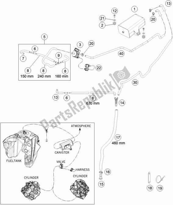 Tutte le parti per il Contenitore Per Evaporazione del KTM 1290 Super Adventure S,orange US 2019