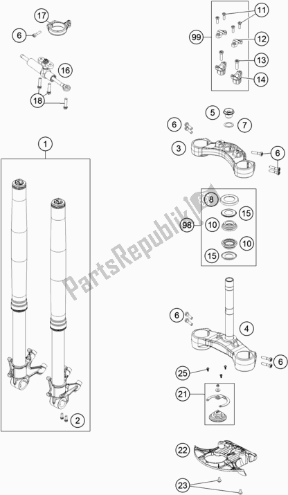 All parts for the Front Fork, Triple Clamp of the KTM 1290 Super Adventure S,orange US 2020