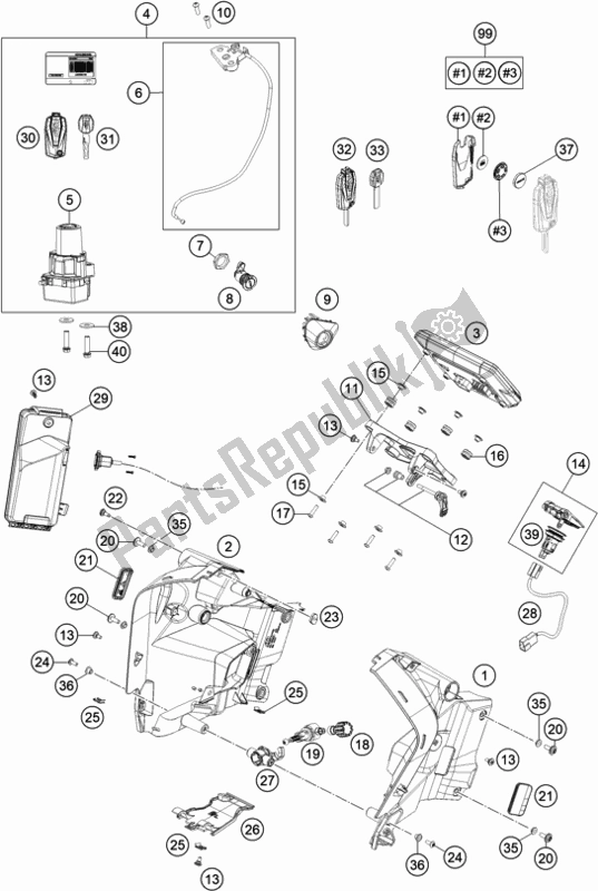 All parts for the Instruments / Lock System of the KTM 1290 Super Adventure S,orange US 2020