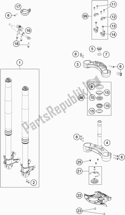 All parts for the Front Fork, Triple Clamp of the KTM 1290 Super Adventure S,silver EU 2019