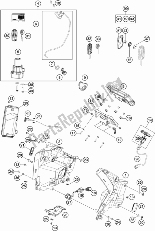 All parts for the Instruments / Lock System of the KTM 1290 Super Adventure S,silver EU 2019