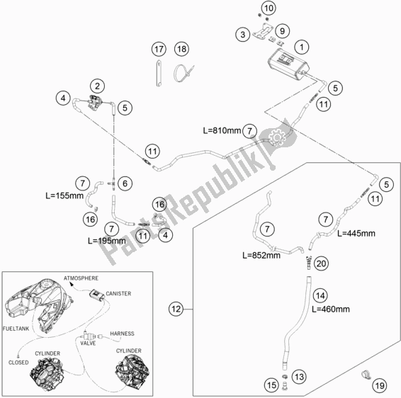 All parts for the Evaporative Canister of the KTM 1290 Super Duke Gt,black 2019