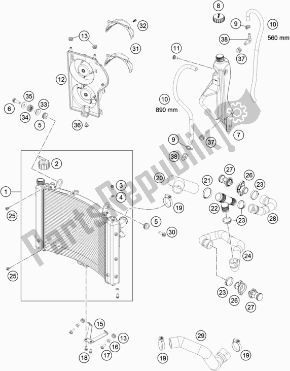 All parts for the Cooling System of the KTM 1290 Super Duke GT Grey 17 EU 2017
