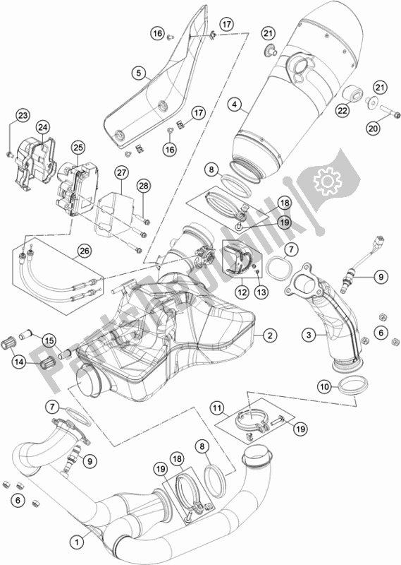 All parts for the Exhaust System of the KTM 1290 Super Duke GT Grey 17 EU 2017