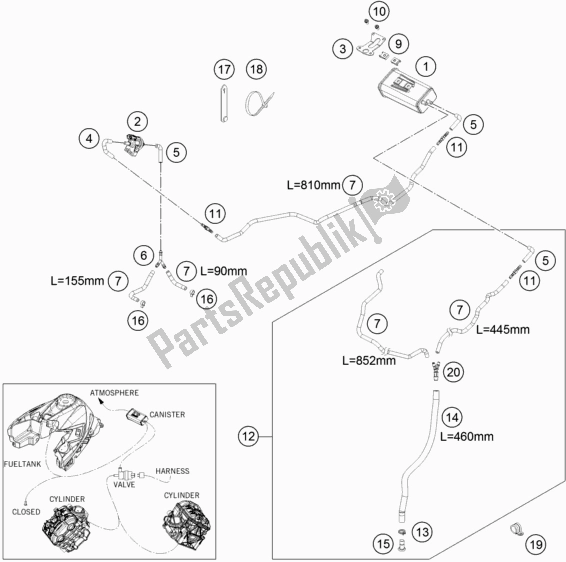 All parts for the Evaporative Canister of the KTM 1290 Super Duke Gt,orange EU 2018