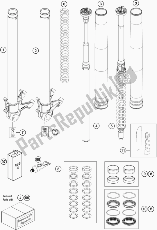 All parts for the Front Fork Disassembled of the KTM 1290 Super Duke Gt,orange EU 2018