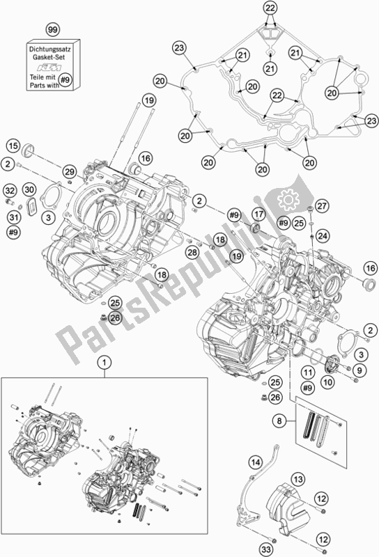 All parts for the Engine Case of the KTM 1290 Super Duke Gt,white EU 2020