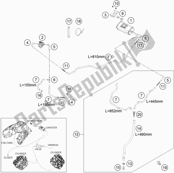 All parts for the Evaporative Canister of the KTM 1290 Super Duke Gt,white EU 2020