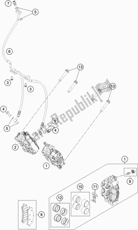 All parts for the Front Brake Caliper of the KTM 1290 Super Duke R,orange EU 2020