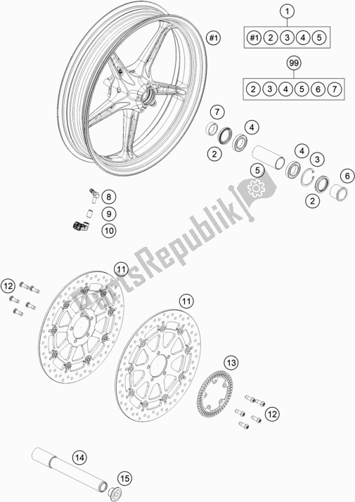 All parts for the Front Wheel of the KTM 1290 Super Duke R,orange EU 2020