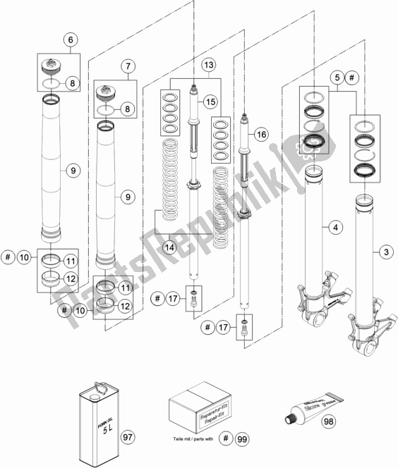 All parts for the Front Fork Disassembled of the KTM 1290 Superduke R Black 17 2017