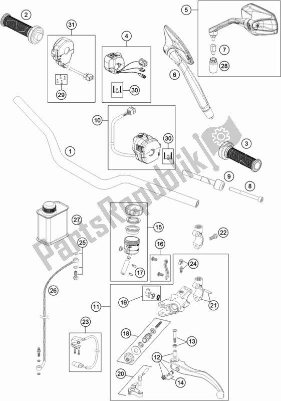All parts for the Handlebar, Controls of the KTM 1290 Superduke R Black 17 2017