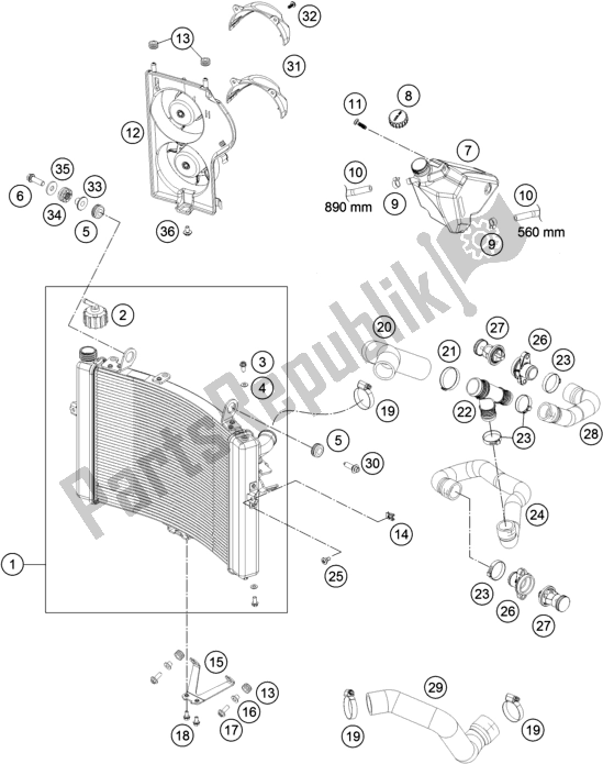 All parts for the Cooling System of the KTM 1290 Superduke R Black 17 EU 2017