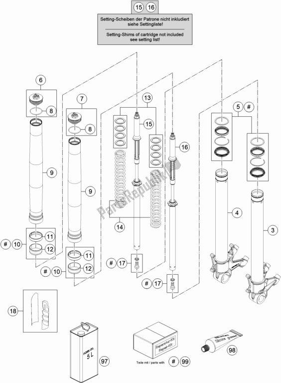 All parts for the Front Fork Disassembled of the KTM 1290 Superduke R Black 17 EU 2017