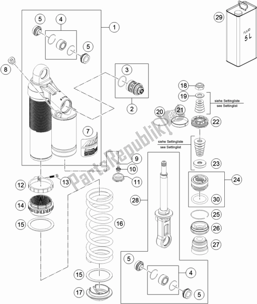 All parts for the Shock Absorber Disassembled of the KTM 1290 Superduke R Black 17 EU 2017