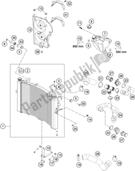 All parts for the Cooling System of the KTM 1290 Superduke R Black 17 US 2017