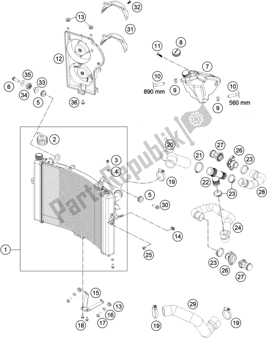 All parts for the Cooling System of the KTM 1290 Superduke R White 17 2017