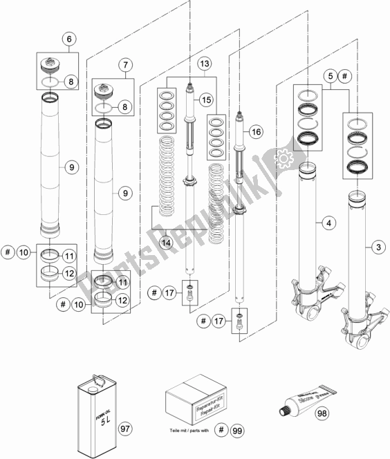 All parts for the Front Fork Disassembled of the KTM 1290 Superduke R White 17 2017