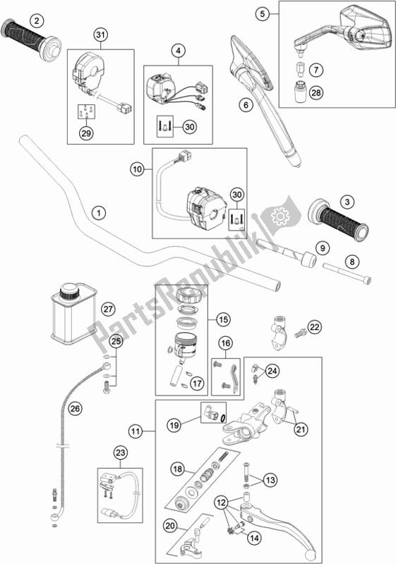 All parts for the Handlebar, Controls of the KTM 1290 Superduke R White 17 2017