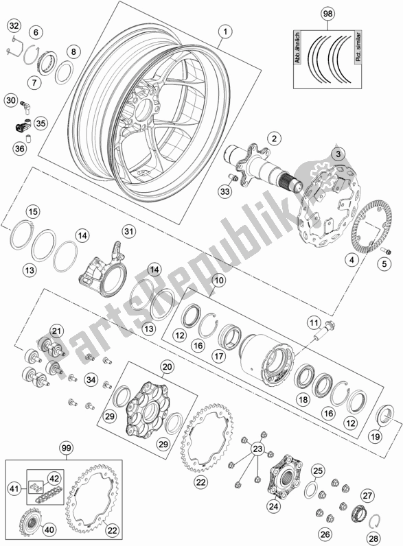 All parts for the Rear Wheel of the KTM 1290 Superduke R White 17 2017