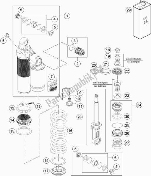 All parts for the Shock Absorber Disassembled of the KTM 1290 Superduke R White 17 2017