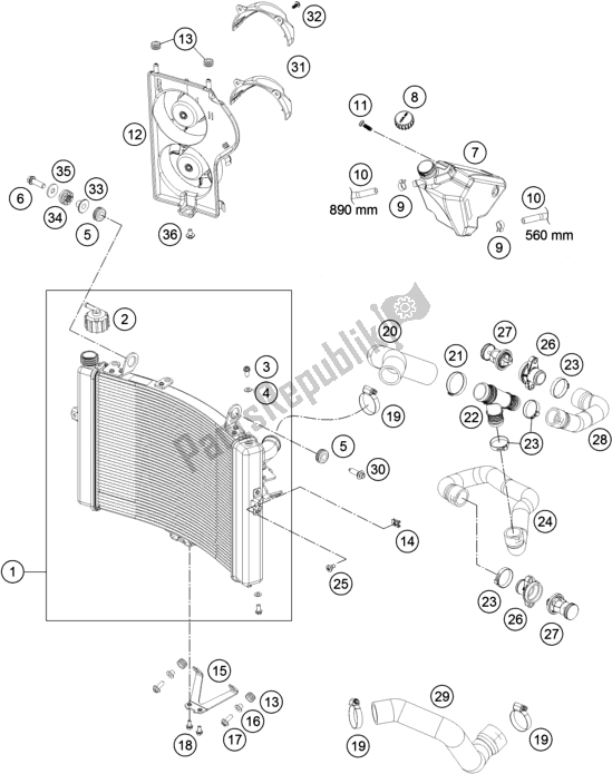 All parts for the Cooling System of the KTM 1290 Superduke R White 17 EU 2017