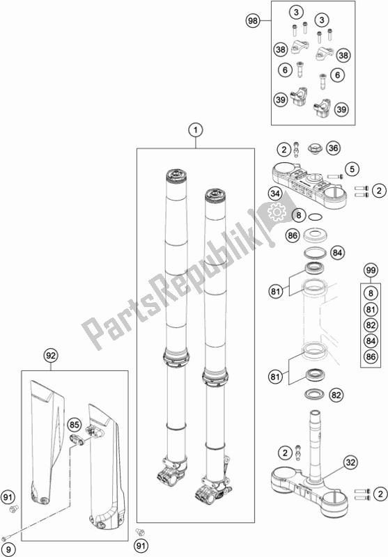 All parts for the Front Fork, Triple Clamp of the KTM 150 EXC TPI EU 2020