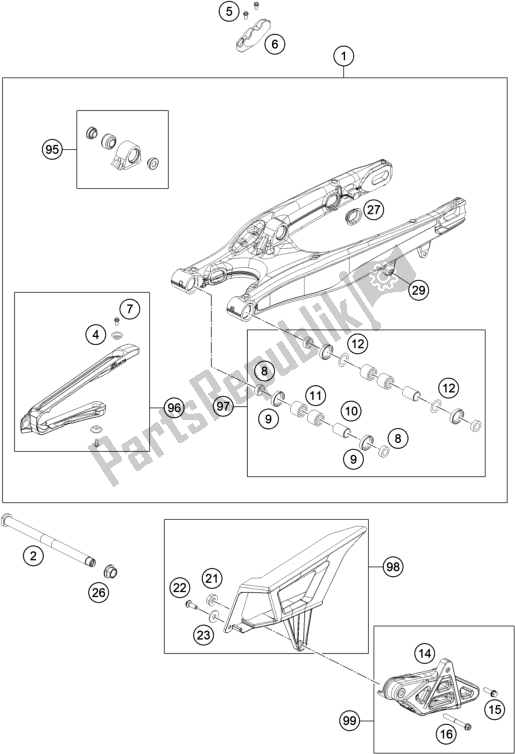 All parts for the Swing Arm of the KTM 150 EXC TPI EU 2020