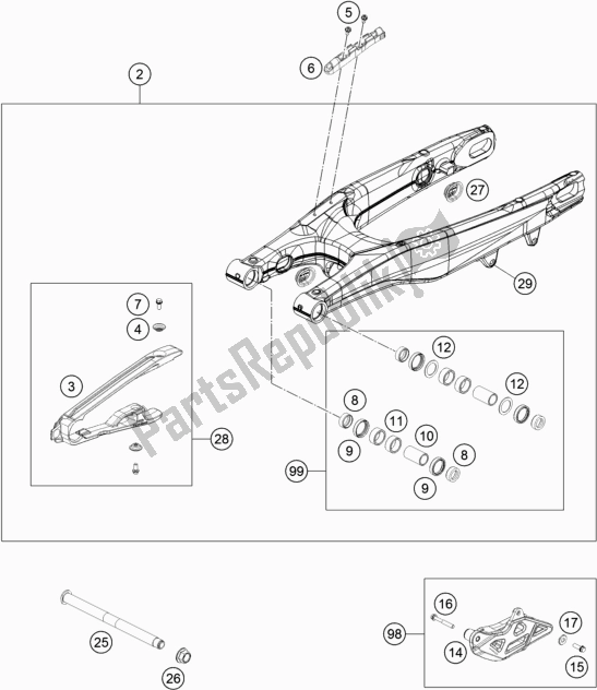 All parts for the Swing Arm of the KTM 150 SX EU 2020