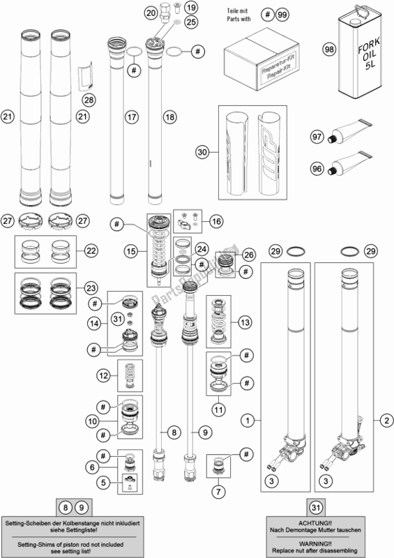 All parts for the Front Fork Disassembled of the KTM 150 SX EU 2021