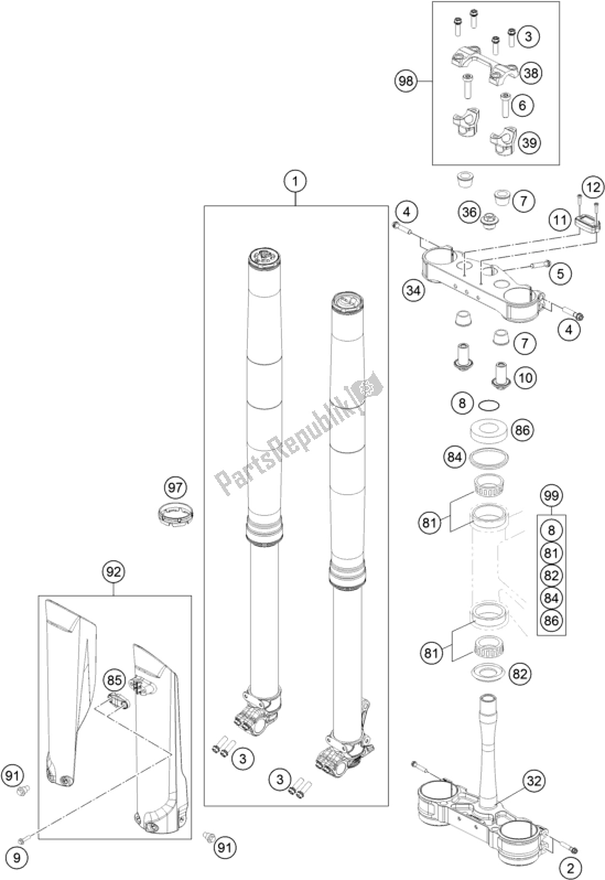 All parts for the Front Fork, Triple Clamp of the KTM 150 SX US 2019
