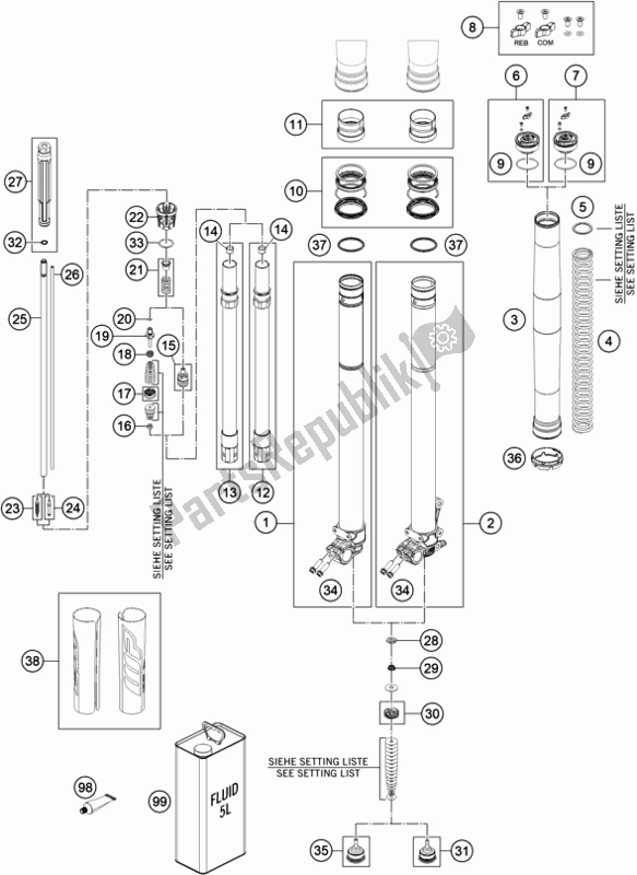 Todas as partes de Garfo Dianteiro Desmontado do KTM 150 XC-W TPI US 2020