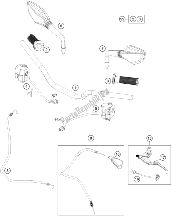 Alle onderdelen voor de Stuur, Bedieningselementen van de KTM 200 Duke,black-ckd 2019