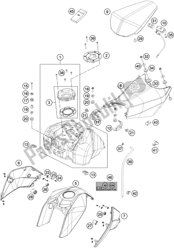 Tutte le parti per il Serbatoio, Sedile del KTM 200 Duke,black,w/o Abs-b. D. 2019