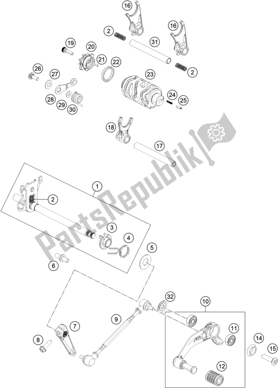 All parts for the Shifting Mechanism of the KTM 200 Duke,black W/O Abs-ckd 18 2017