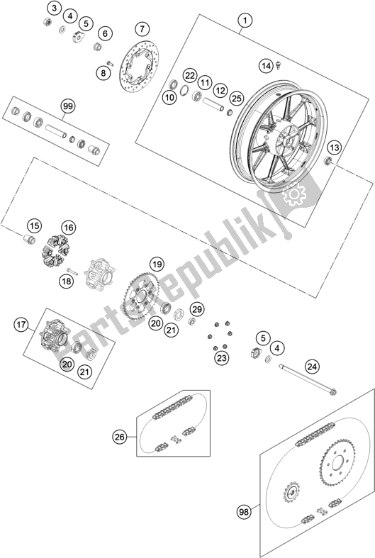 Toutes les pièces pour le Roue Arrière du KTM 200 Duke,orange,w/o Abs-b. D. 2019