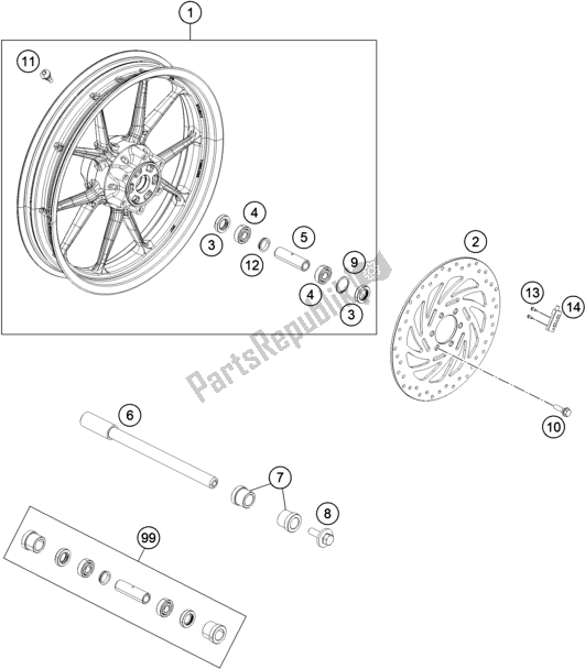 Tutte le parti per il Ruota Anteriore del KTM 200 Duke,orange W/O Abs-ckd 17 2017