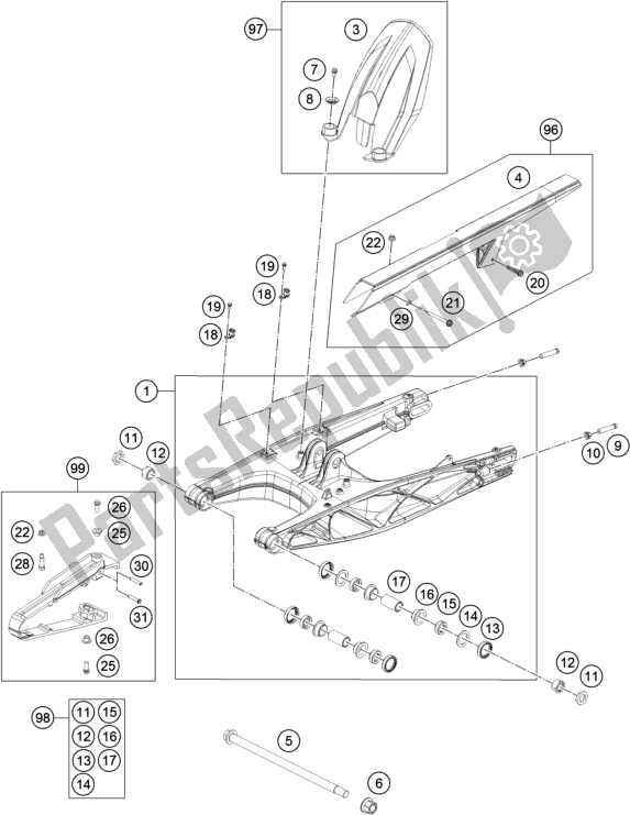 All parts for the Swing Arm of the KTM 200 Duke,orange W/O Abs-ckd 17 2017
