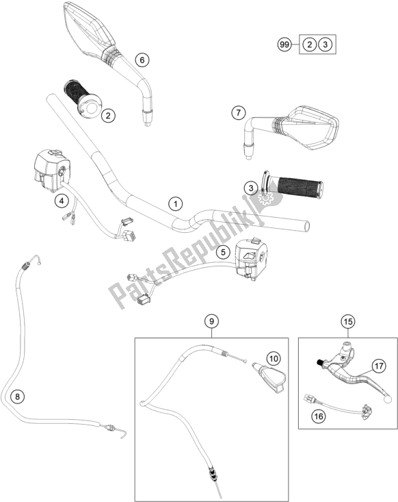 Todas las partes para Manillar, Controles de KTM 200 Duke,orange,w/o Abs-ckd 2019