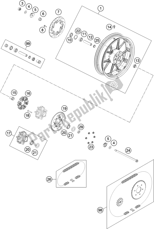 Todas as partes de Roda Traseira do KTM 200 Duke,orange,w/o Abs-ckd 2019