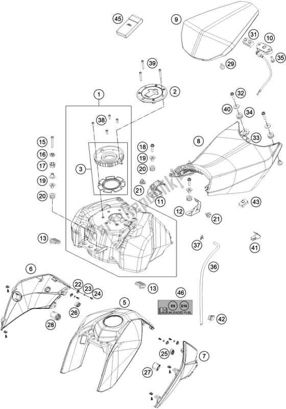 Todas las partes para Tanque, Asiento de KTM 200 Duke,orange,w/o Abs-ckd 2019