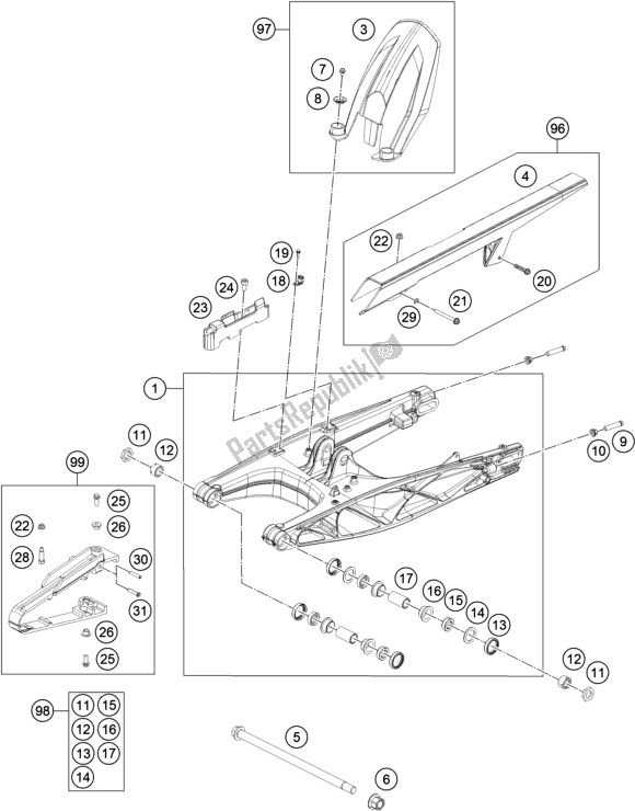 All parts for the Swing Arm of the KTM 200 Duke,white-ckd 2019