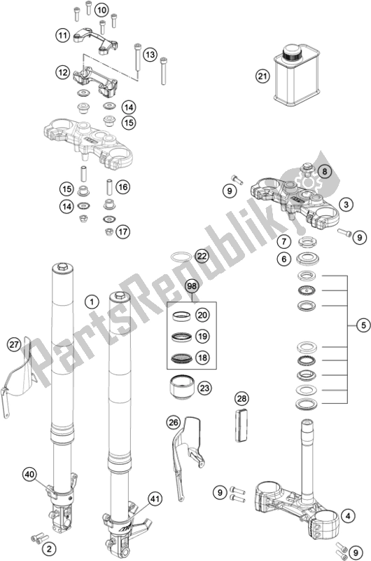 All parts for the Front Fork, Triple Clamp of the KTM 200 Duke,white,w/o Abs-b. D. 2019