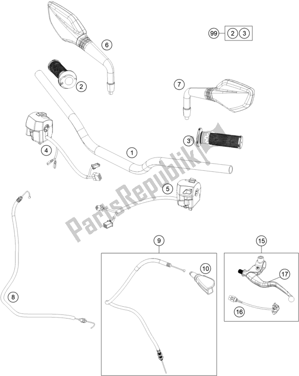 Todas as partes de Guiador, Controles do KTM 200 Duke,white,w/o Abs-b. D. 2019