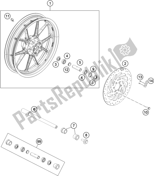 All parts for the Front Wheel of the KTM 200 Duke,white,w/o Abs-b. D. Asean 2019