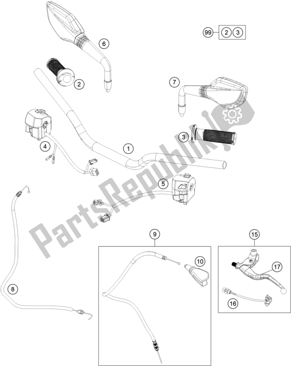 Tutte le parti per il Manubrio, Comandi del KTM 200 Duke,white,w/o Abs-b. D. Asean 2019