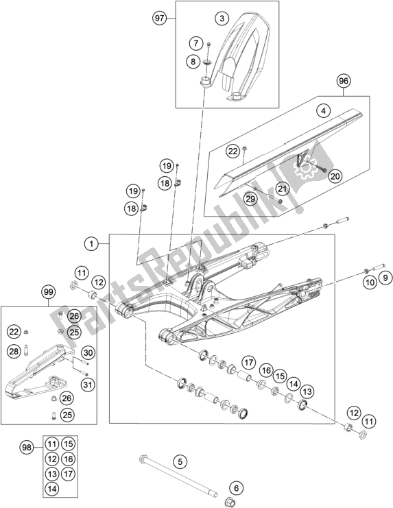 Toutes les pièces pour le Bras Oscillant du KTM 200 Duke,white,w/o Abs-b. D. Asean 2019