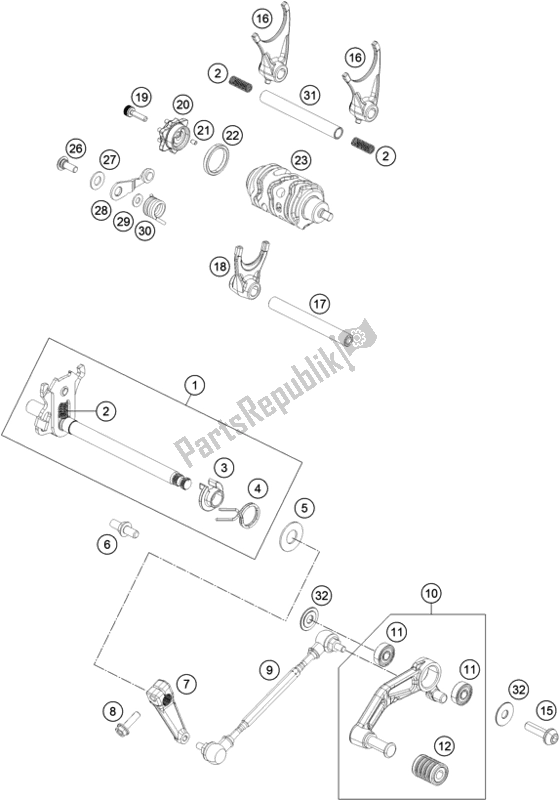 All parts for the Shifting Mechanism of the KTM 250 Duke,orange,w/o Abs-ckd 2019