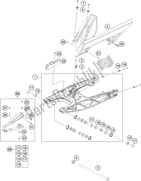 Alle onderdelen voor de Zwenkarm van de KTM 250 Duke,white,w/o Abs-ckd 2019